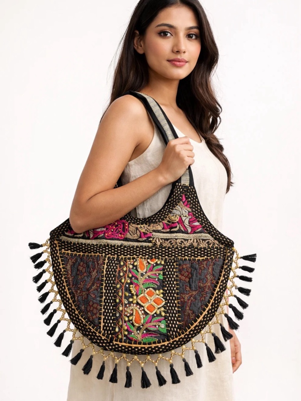 Handcrafted Embroidery Beaded Banjara Boho Shoulder Bag Black & Pink - Picture 2 of 6